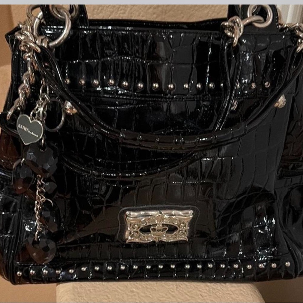 Kathy Van Zeeland Black Patent Crocodile Satchel with Silver Hardware